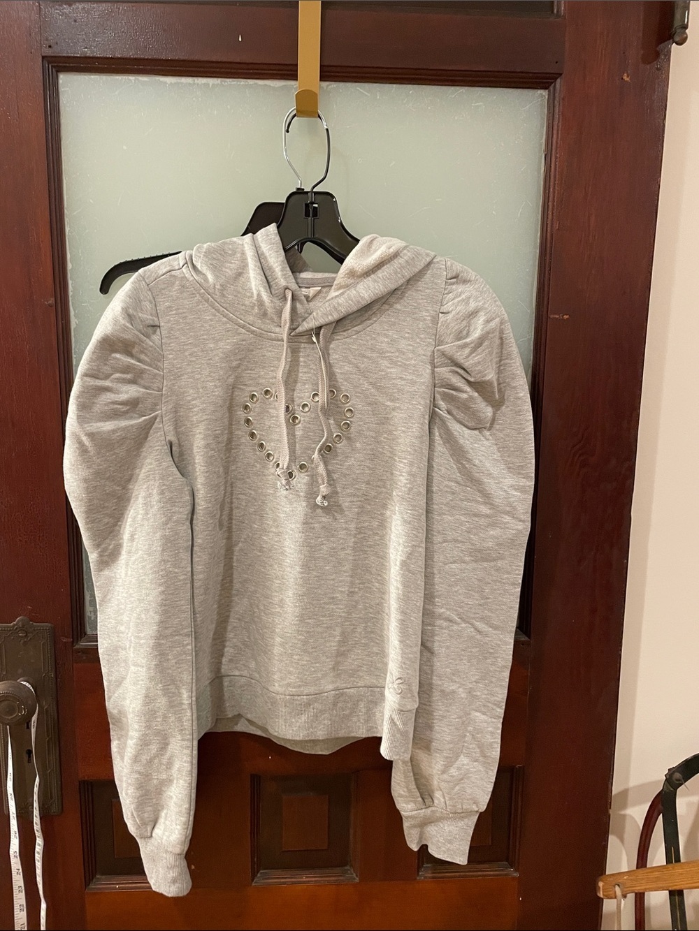 Maeve Light Gray Scoop-Neck Hoodie with Heart Grommet Detail